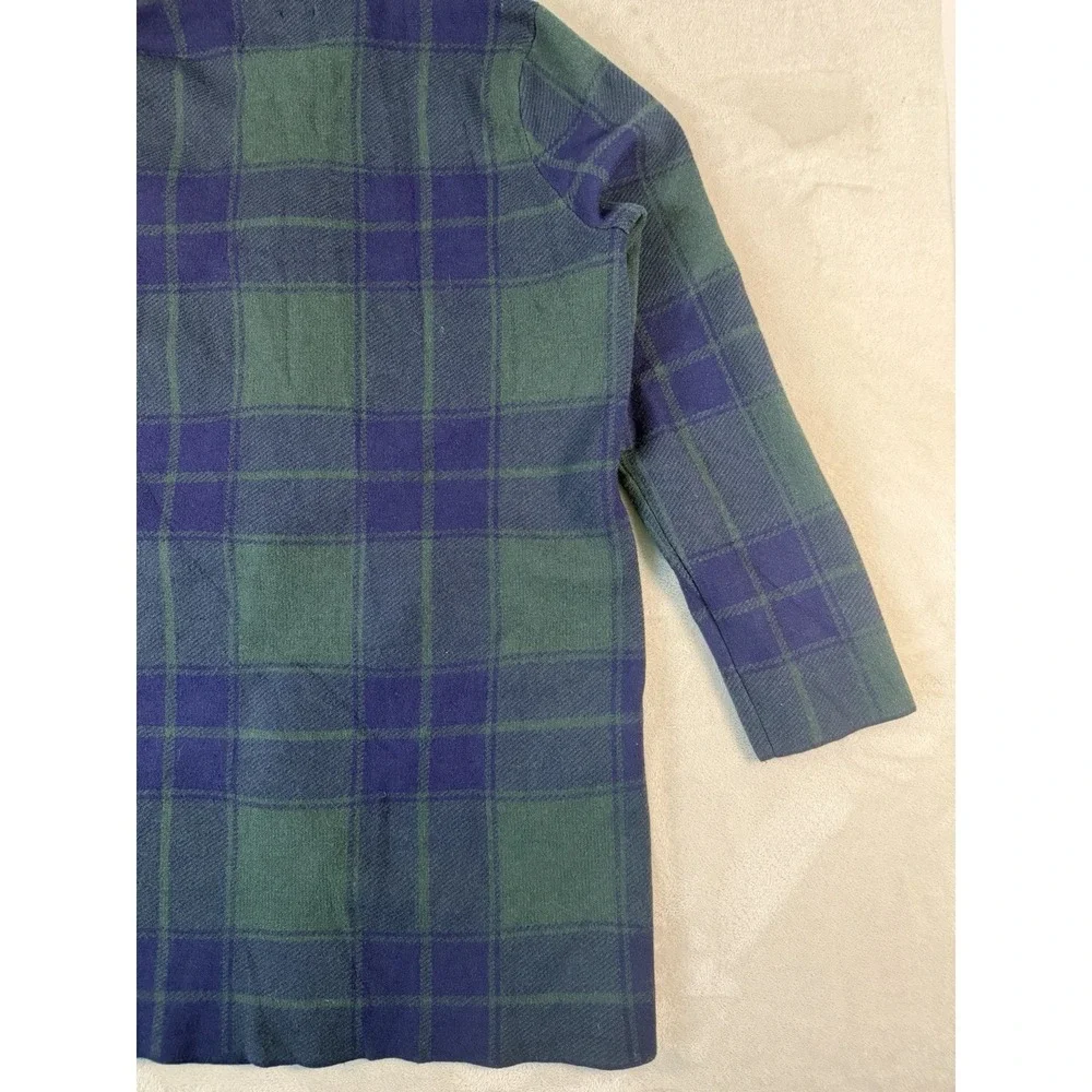 Anne Klein Plaid Sweater Jacket Womens Medium Blue Green Tartan Zip Up Mock Neck
